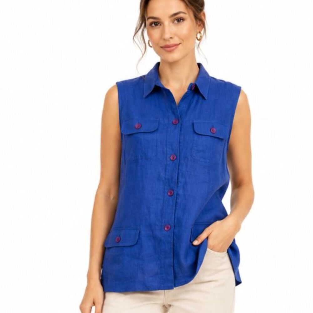 Casual Corner Womens Blue 100% linen Tunic button down vest Plus Size 14
